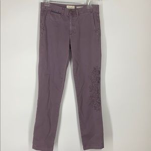 Anthropologie chino lavender embroidered pants 26